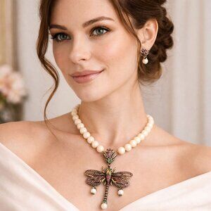 Heidi Daus Dragonfly Necklace & Earrings Set Swarovski Crystals Boxed Vintage